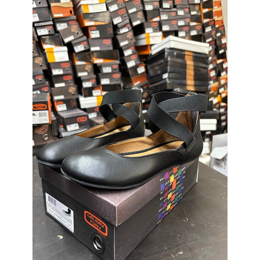 Bernie Mev Monica Black Leather Elastic Strap Flats Shoes Size 37 US 6.5-7